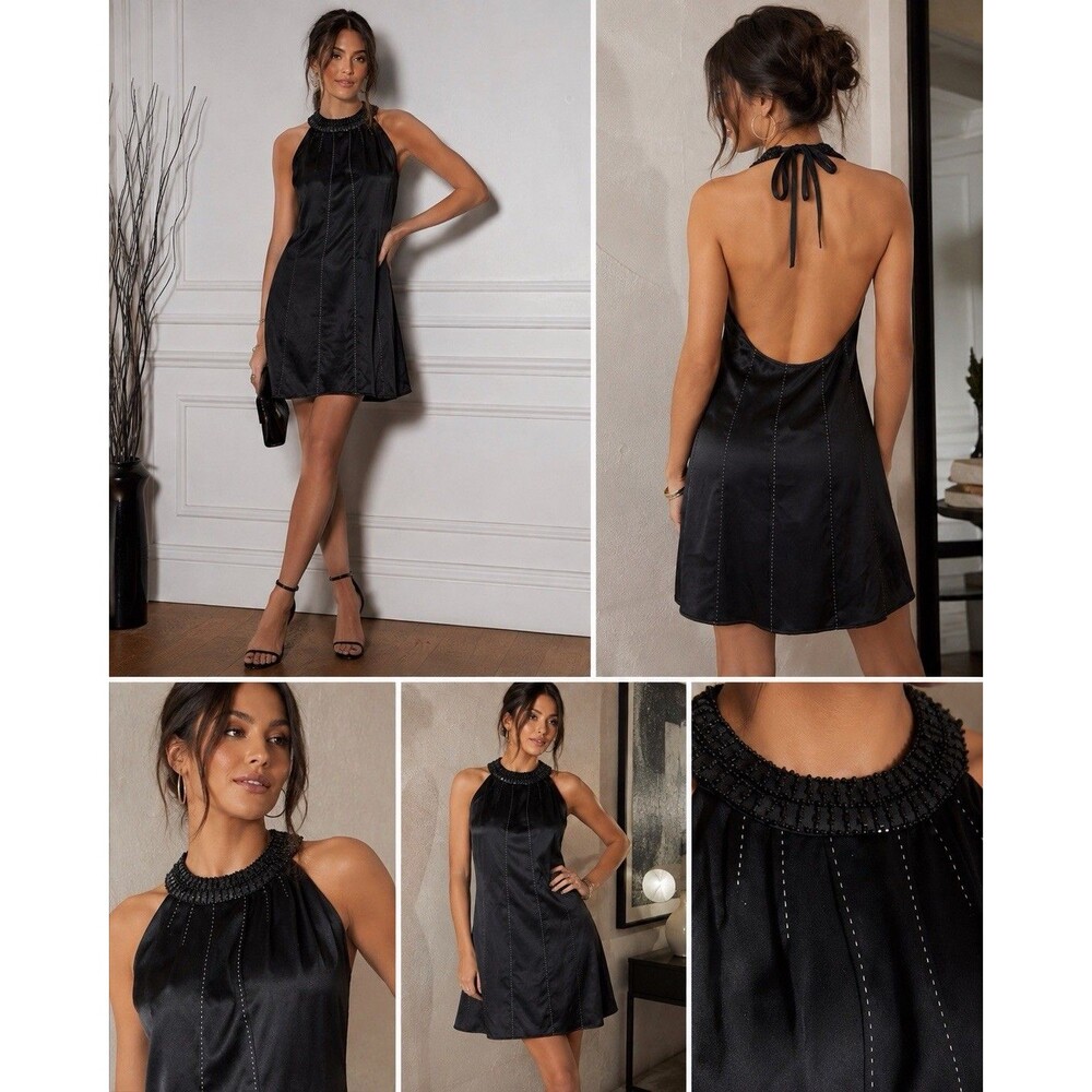 Vtg Y2K Deadstock ABS Allen Schwartz Black Halter Dress Beaded Open Back NWT USA